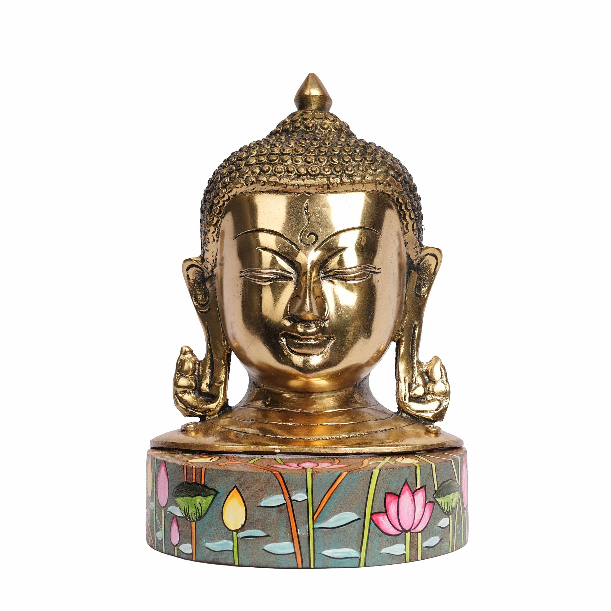 Handcrafted Brass Buddha Face Idol on Hand-Painted Wooden Base | Decorative Buddha Statue for Home