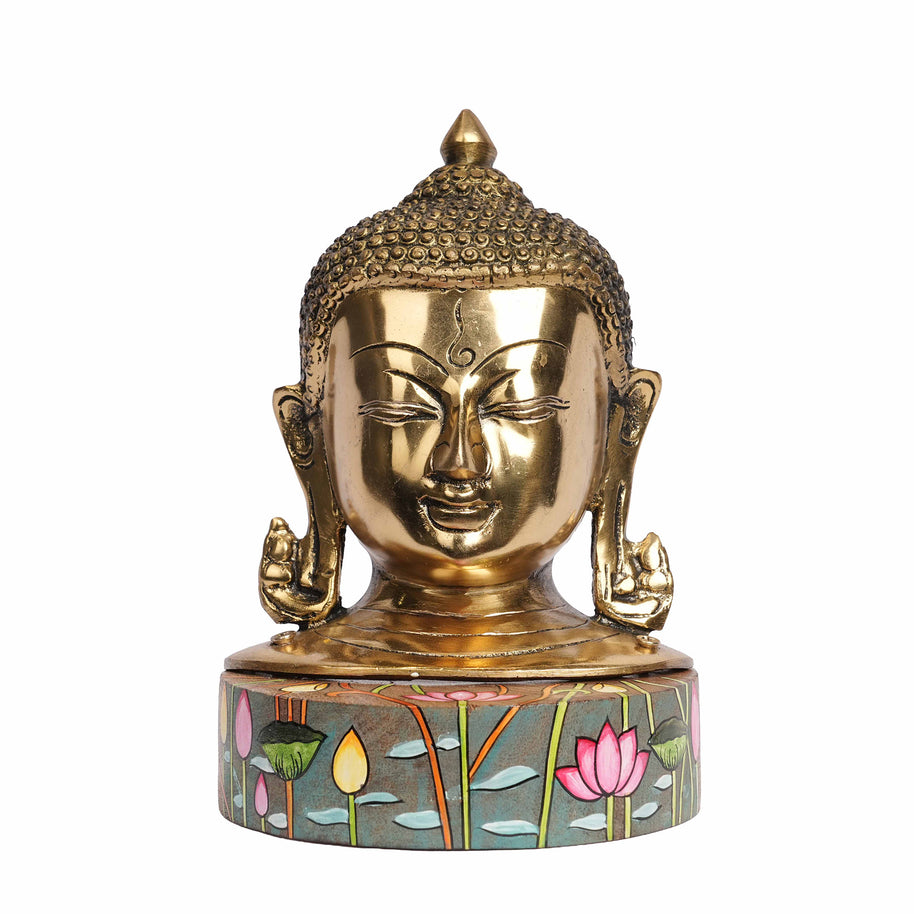 Handcrafted Brass Buddha Face Idol on Hand-Painted Wooden Base | Decorative Buddha Statue for Home