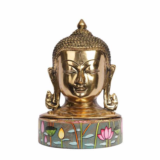 Handcrafted Brass Buddha Face Idol on Hand-Painted Wooden Base for Home Decor & Meditation