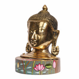 Handcrafted Brass Buddha Face Idol on Hand-Painted Wooden Base | Decorative Buddha Statue for Home