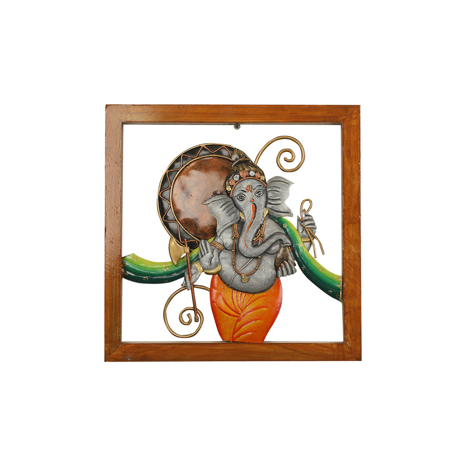 Handcrafted Ganesha Metal Wall Art in Wooden Frame