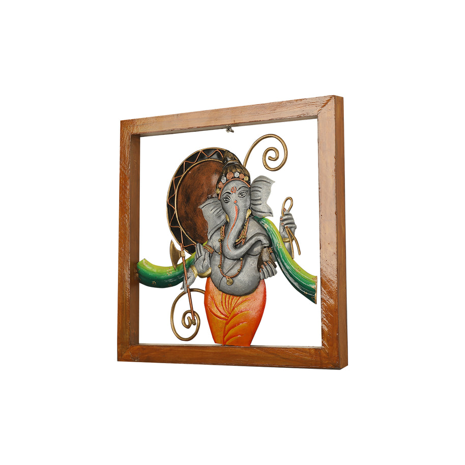 Handcrafted Ganesha Metal Wall Art in Wooden Frame