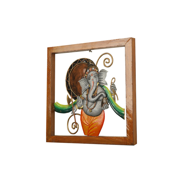 Handcrafted Ganesha Metal Wall Art in Wooden Frame
