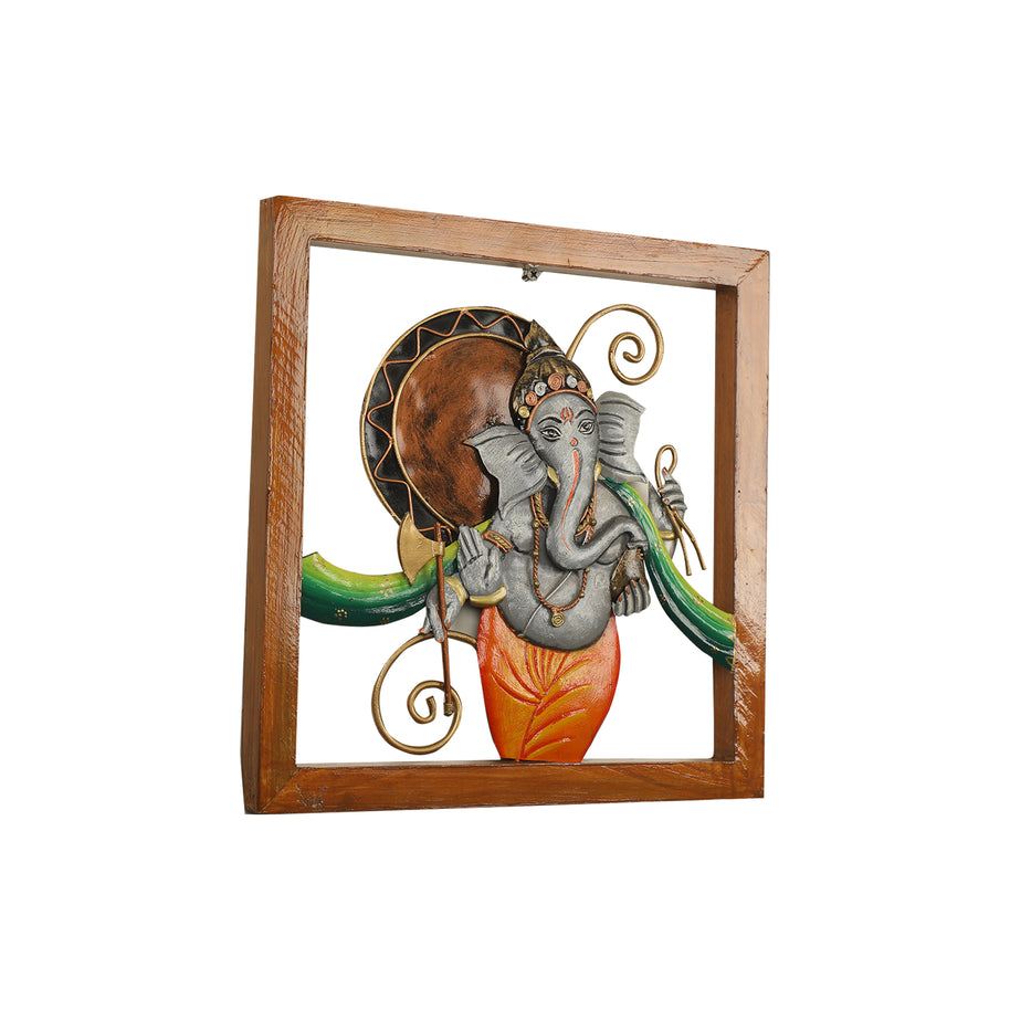 Handcrafted Ganesha Metal Wall Art in Wooden Frame
