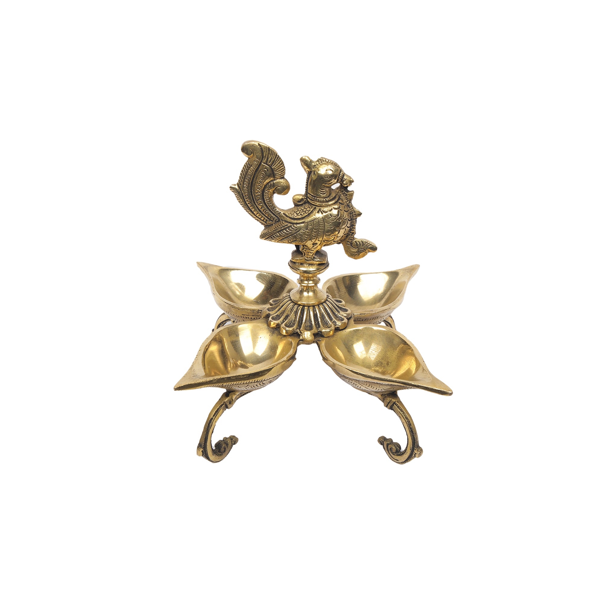 Brsss Four Diyas On Stand With Bird