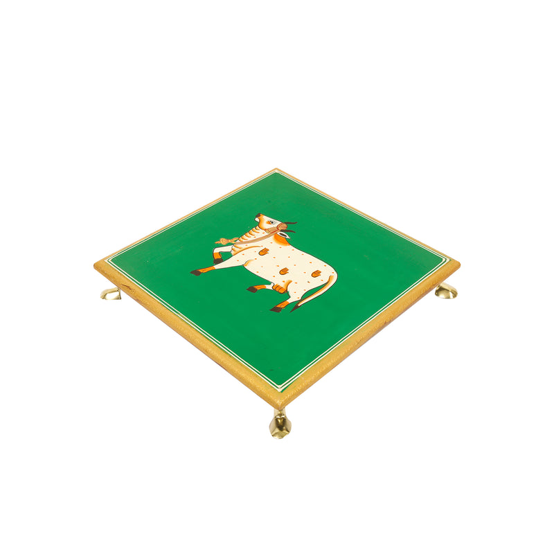 WOODEN PRINTED COW CHOWKI