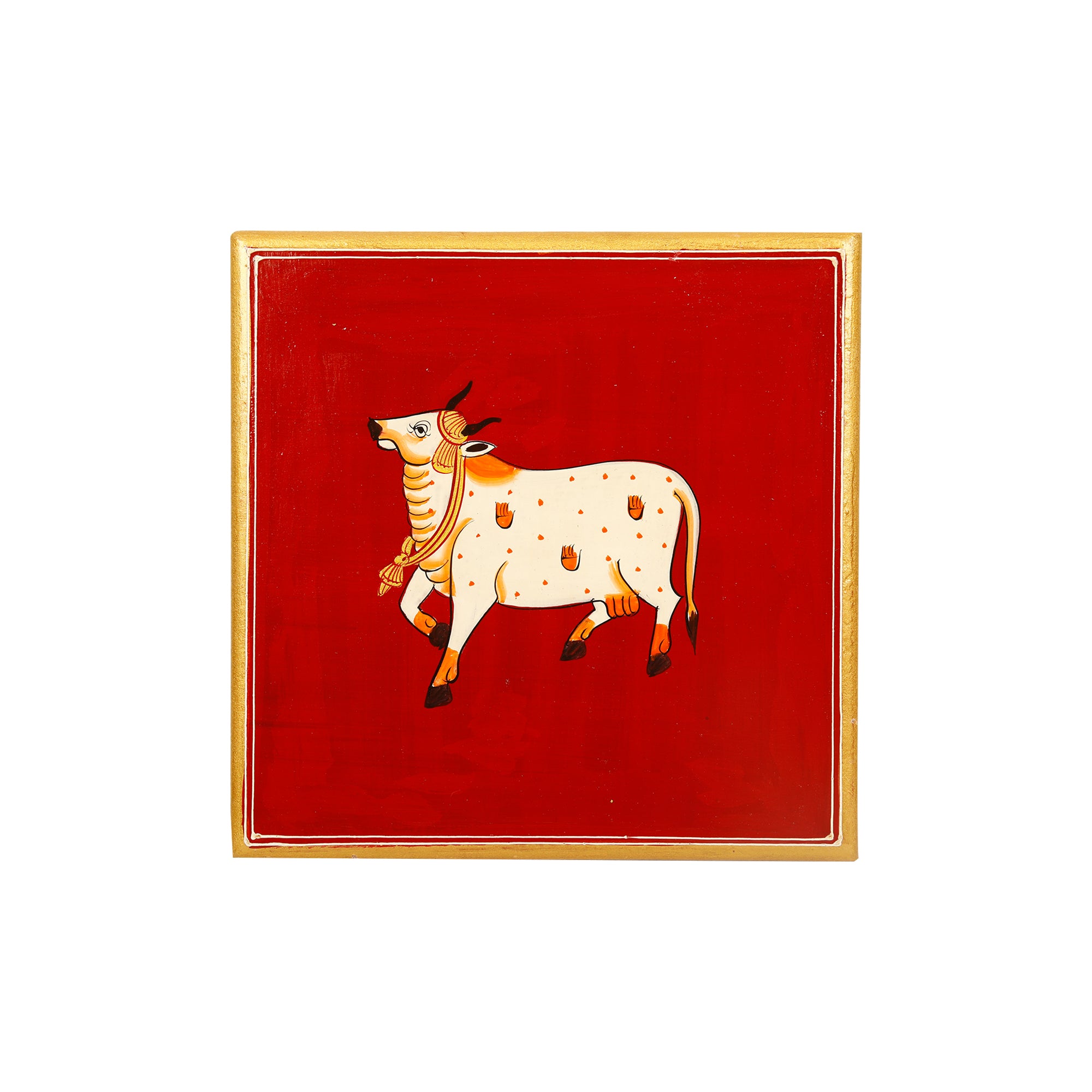 Traditional Cow Design Pooja Chowki with Brass Legs