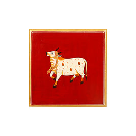 Traditional Cow Design Pooja Chowki with Brass Legs