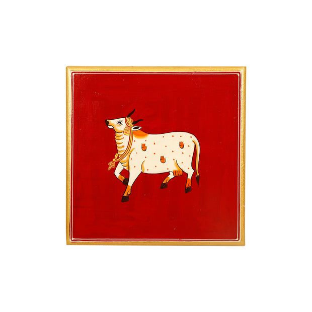 Traditional Cow Design Pooja Chowki with Brass Legs