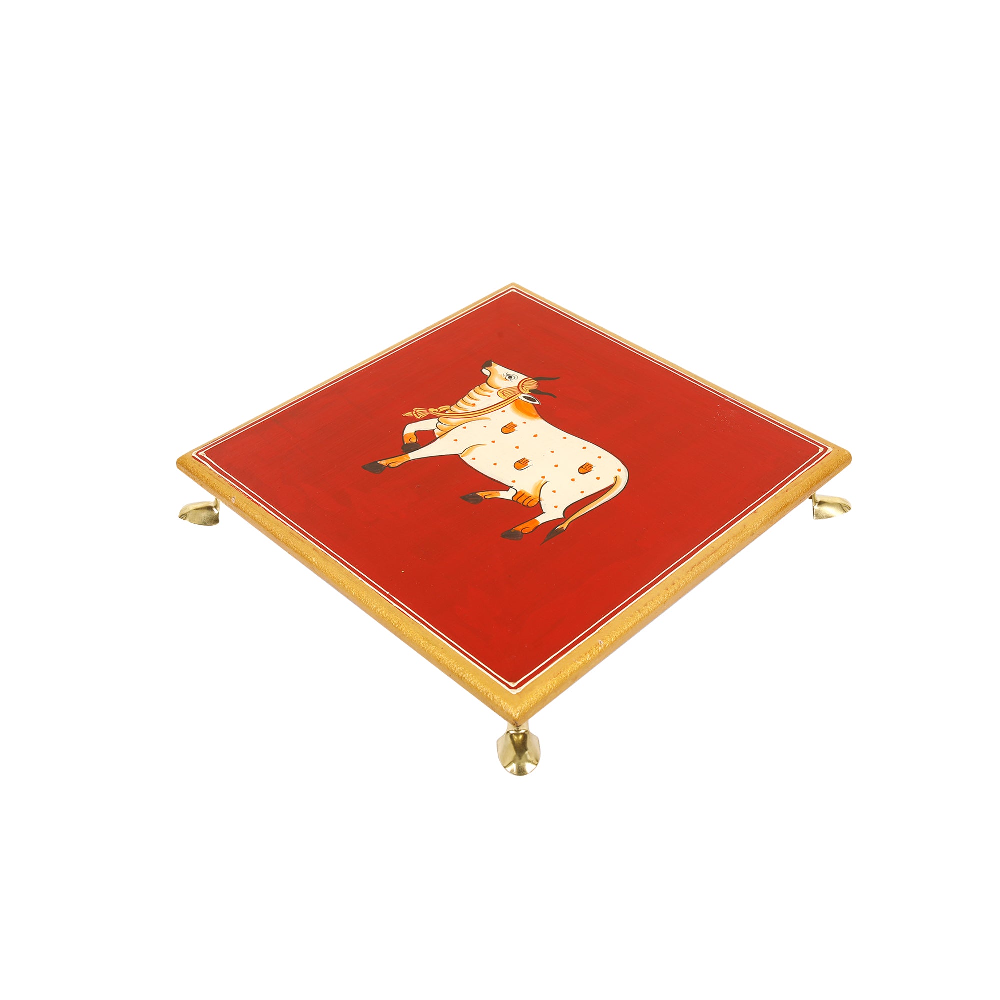 Traditional Cow Design Pooja Chowki with Brass Legs