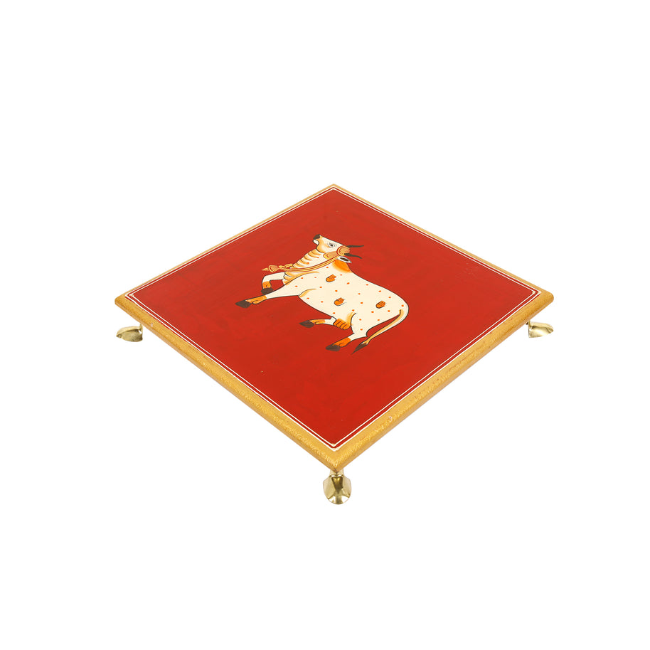 Traditional Cow Design Pooja Chowki with Brass Legs