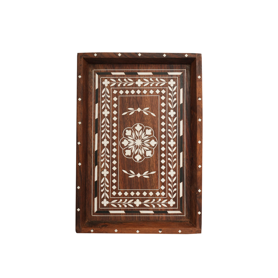 Handcrafted Wooden Serving Tray with Bone Inlay – Decorative Tea & Coffee Serving Tray