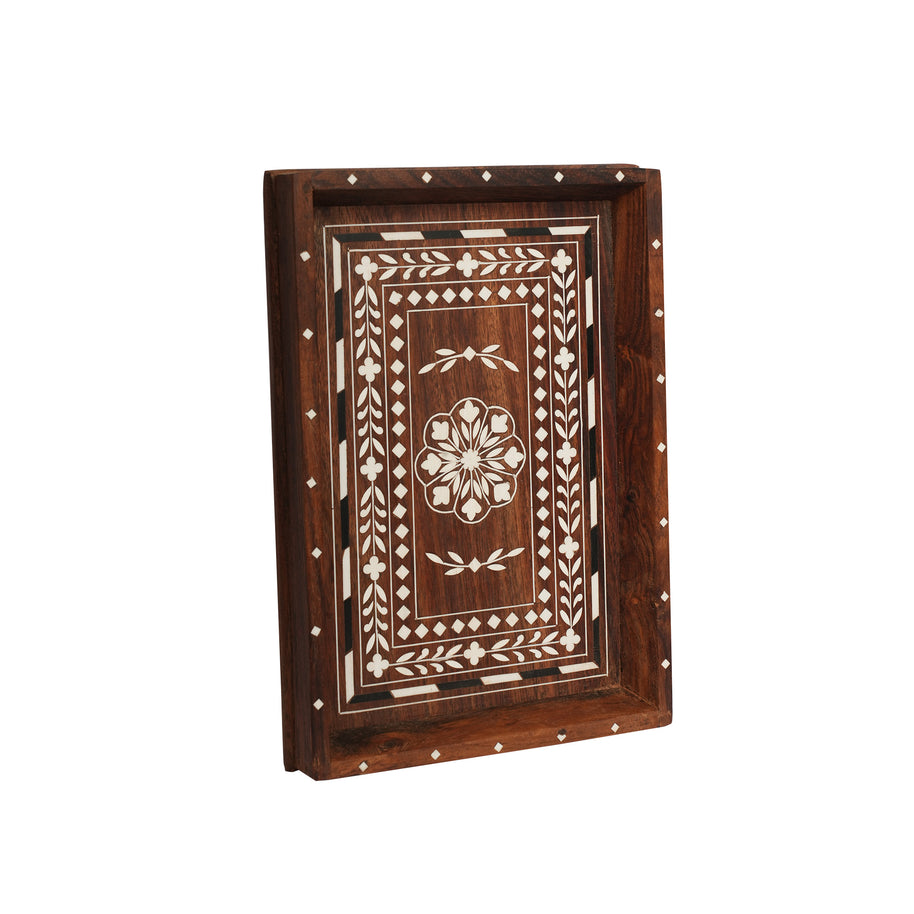 Handcrafted Wooden Serving Tray with Bone Inlay – Decorative Tea & Coffee Serving Tray
