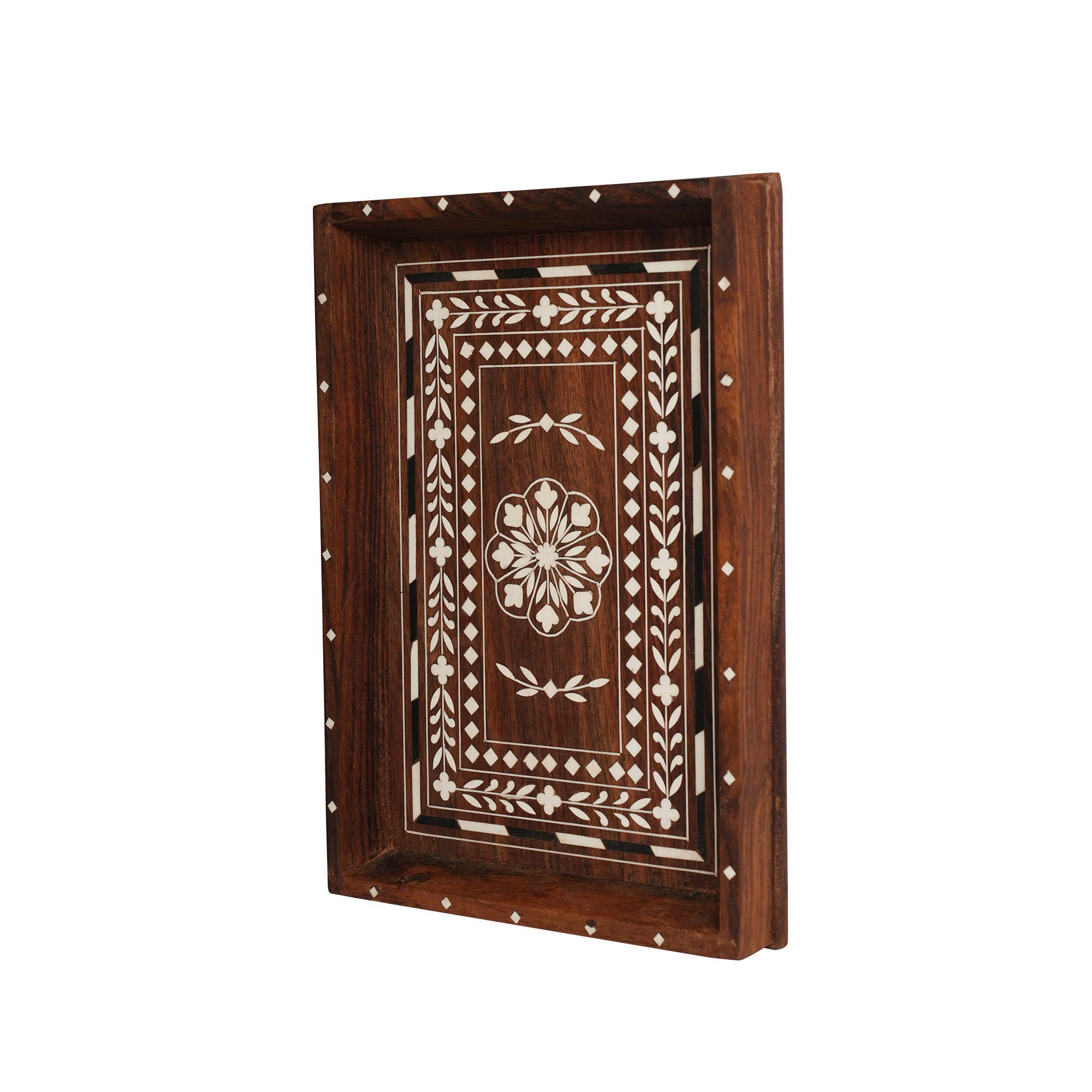Handcrafted Wooden Serving Tray with Bone Inlay – Decorative Tea & Coffee Serving Tray