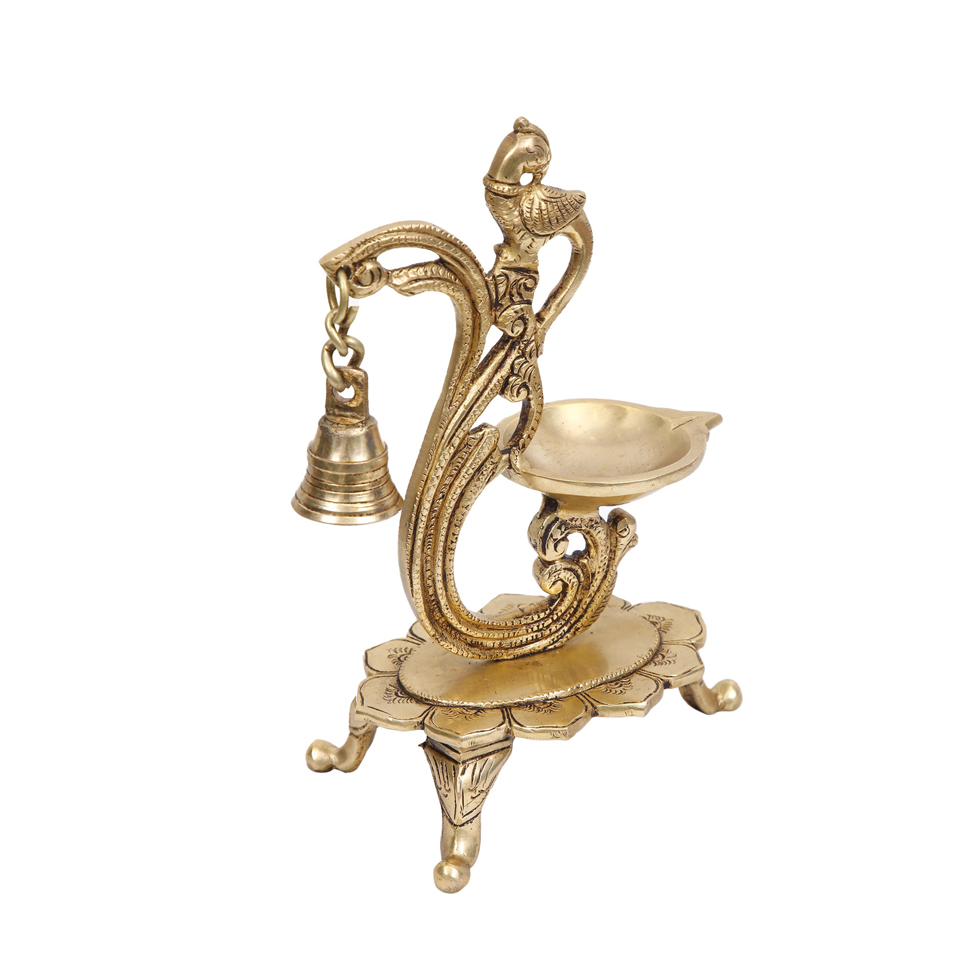 handcrafted brass peacock diya and bell