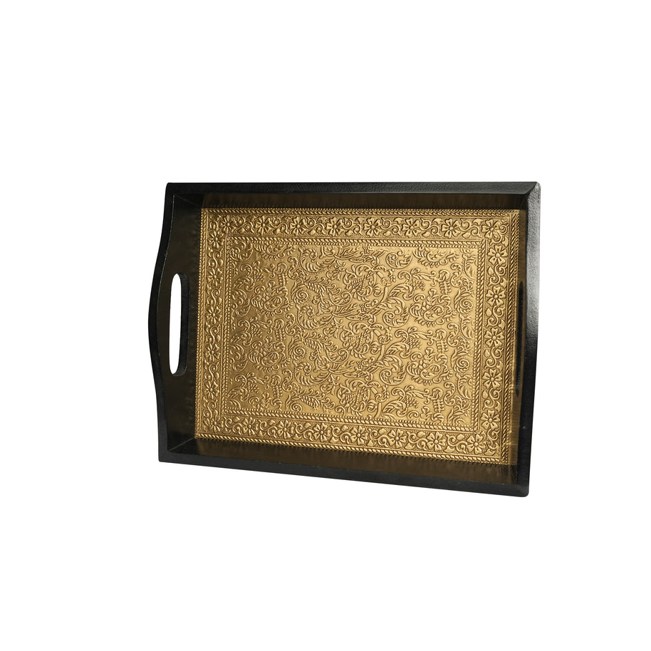 Wooden Brass Work Serving Tray