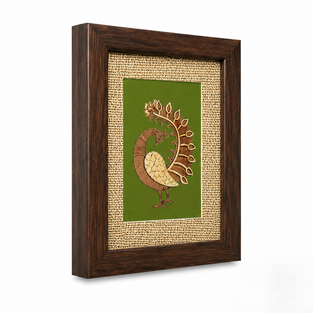 Handcrafted Peacock Wall Art in Wood Frame  With green background