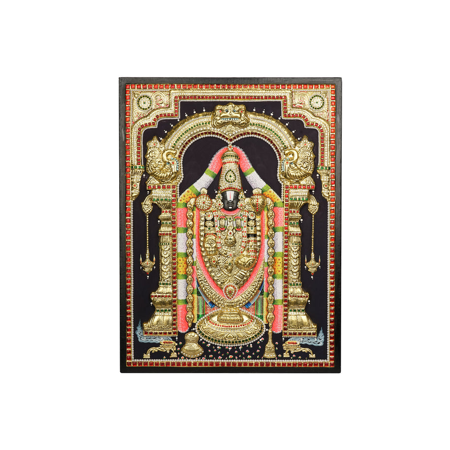 Embossed Lord Balaji Tanjore Painting 24 x 18 Inches | Handmade 22K Gold Foil Tirupati Balaji Wall Art