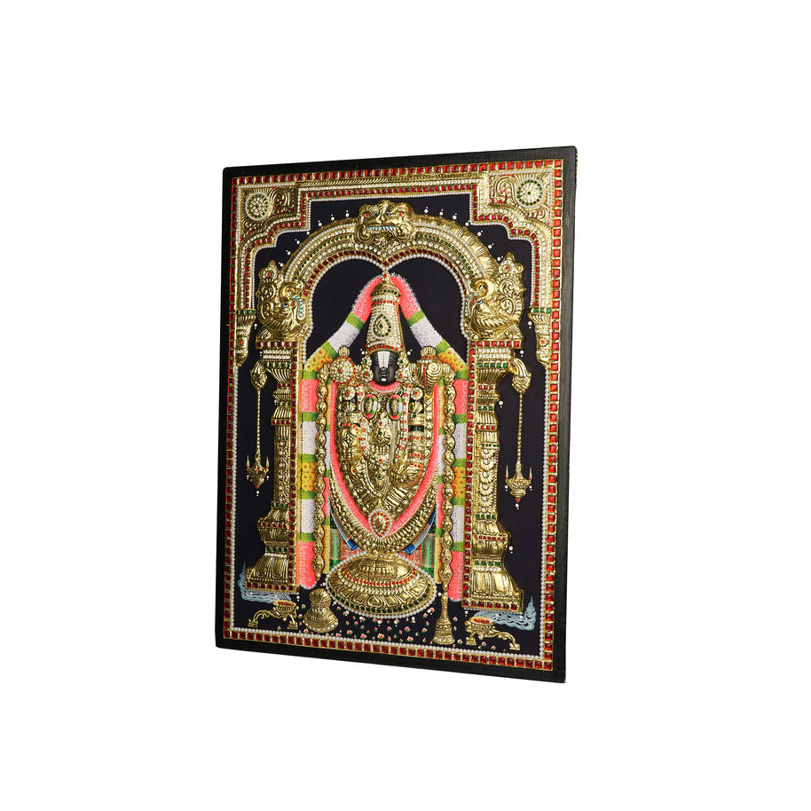 Embossed Lord Balaji Tanjore Painting 24 x 18 Inches | Handmade 22K Gold Foil Tirupati Balaji Wall Art