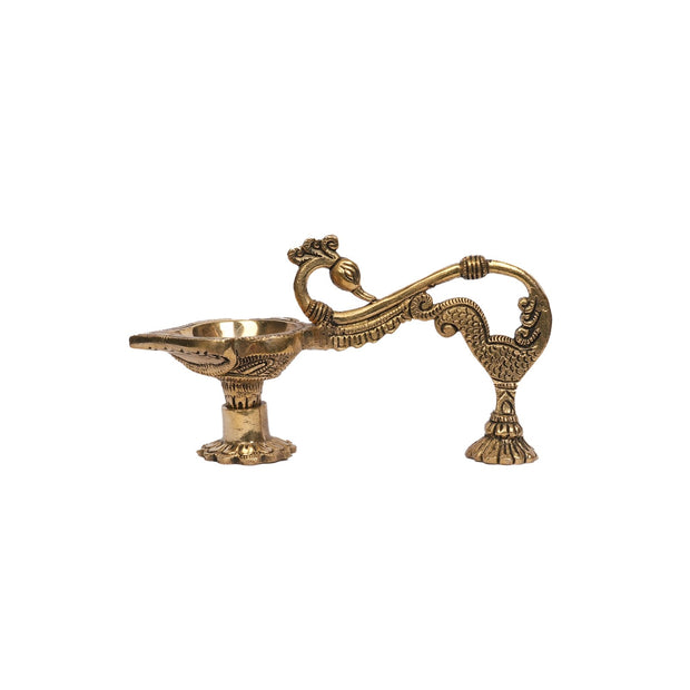 Brass Peacock Handle Diya | Handcrafted Traditional Brass Diya– 3.5" Height