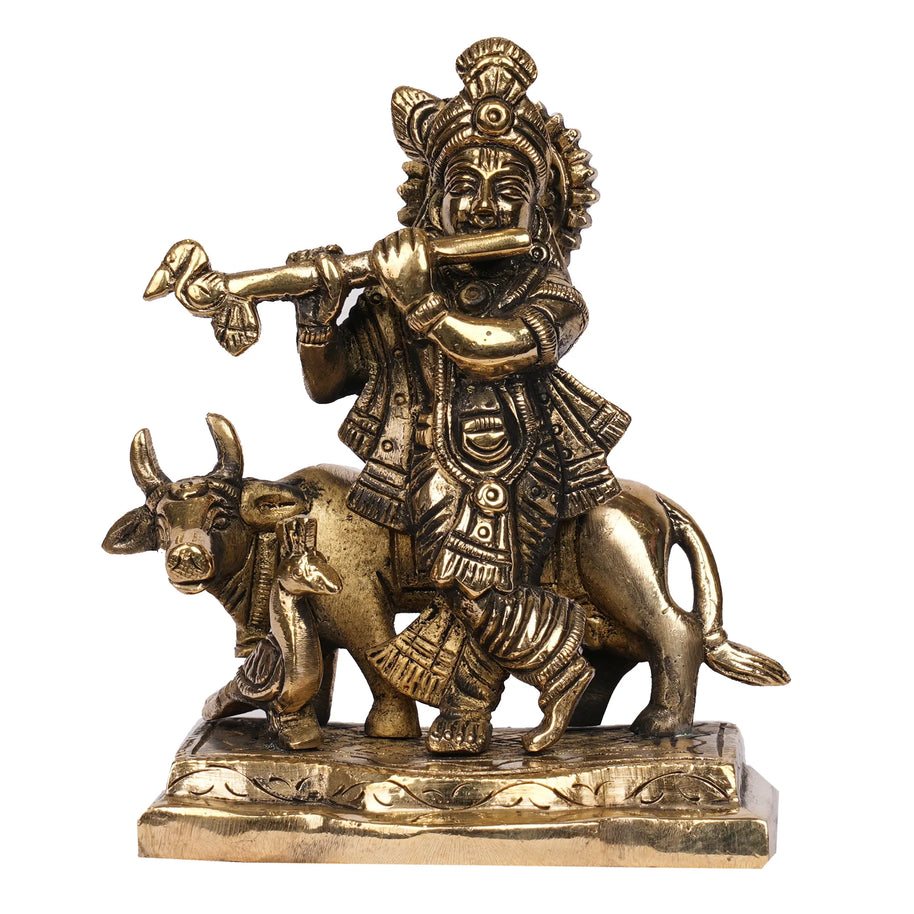Handcrafted Brass Cow Krishna Idol – 4.5" Height