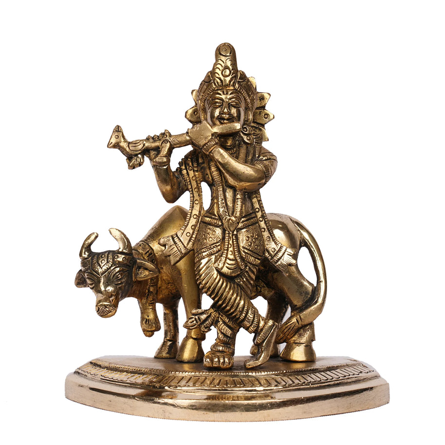 Handcrafted Brass Cow Krishna Idol – 5.5" Height