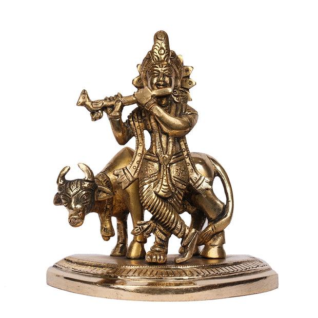Handcrafted Brass Cow Krishna Idol – 5.5" Height