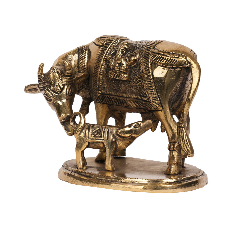 Handcrafted Brass Cow and Calf Idol – 4" Height