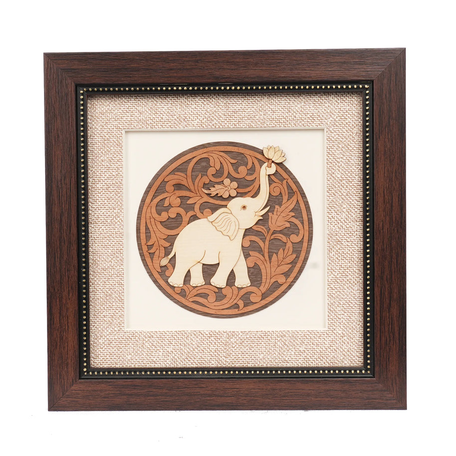Handcrafted Round Elephant Wooden Carving Frame – 8" Height