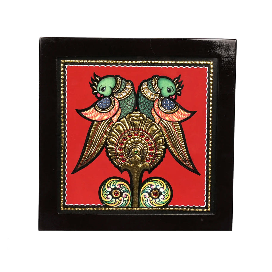 Tanjore Assorted Printed Box with Two Parrots – 7 × 7 Inches