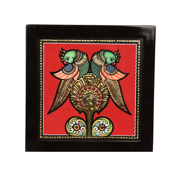Tanjore Assorted Printed Box with Two Parrots – 7 × 7 Inches