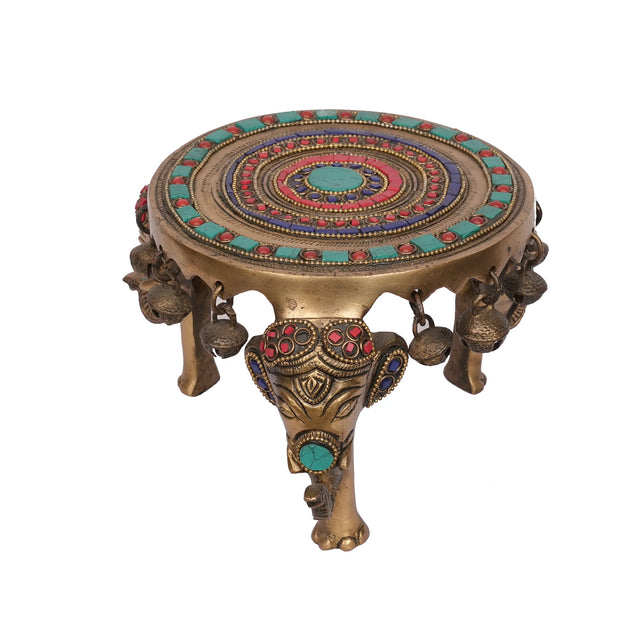 Handcrafted Elephant Stone & Brass Chowki – 4.5" Height