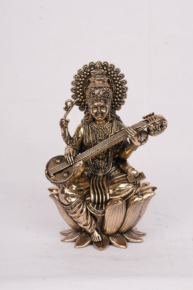 Handcrafted Brass Sitting Saraswathi Idol – 7.5" Height