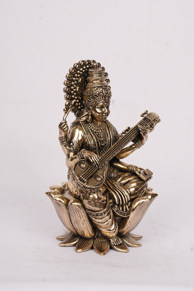 Handcrafted Brass Sitting Saraswathi Idol – 7.5" Height
