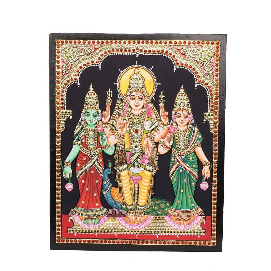 Murugan with Valli & Devayani – Tanjore Painting with 22K Gold Foil – 15
