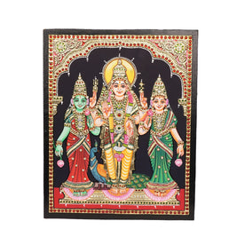 Murugan with Valli & Devayani – Tanjore Painting with 22K Gold Foil – 15