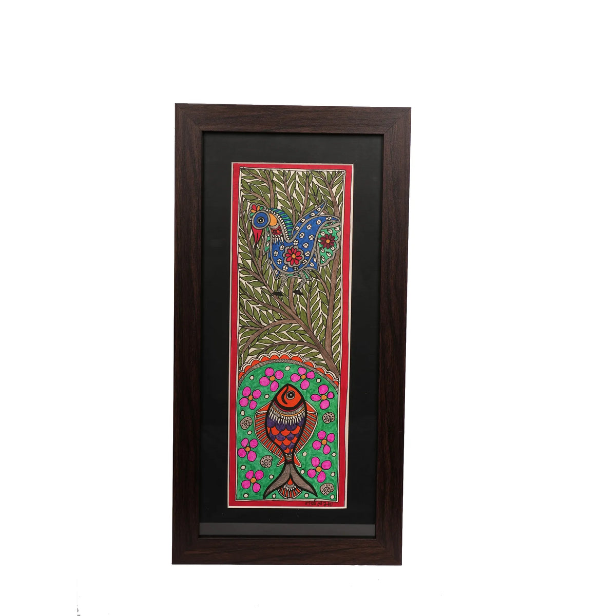 Traditional Madhubani Bird & Fish with Flower Painting