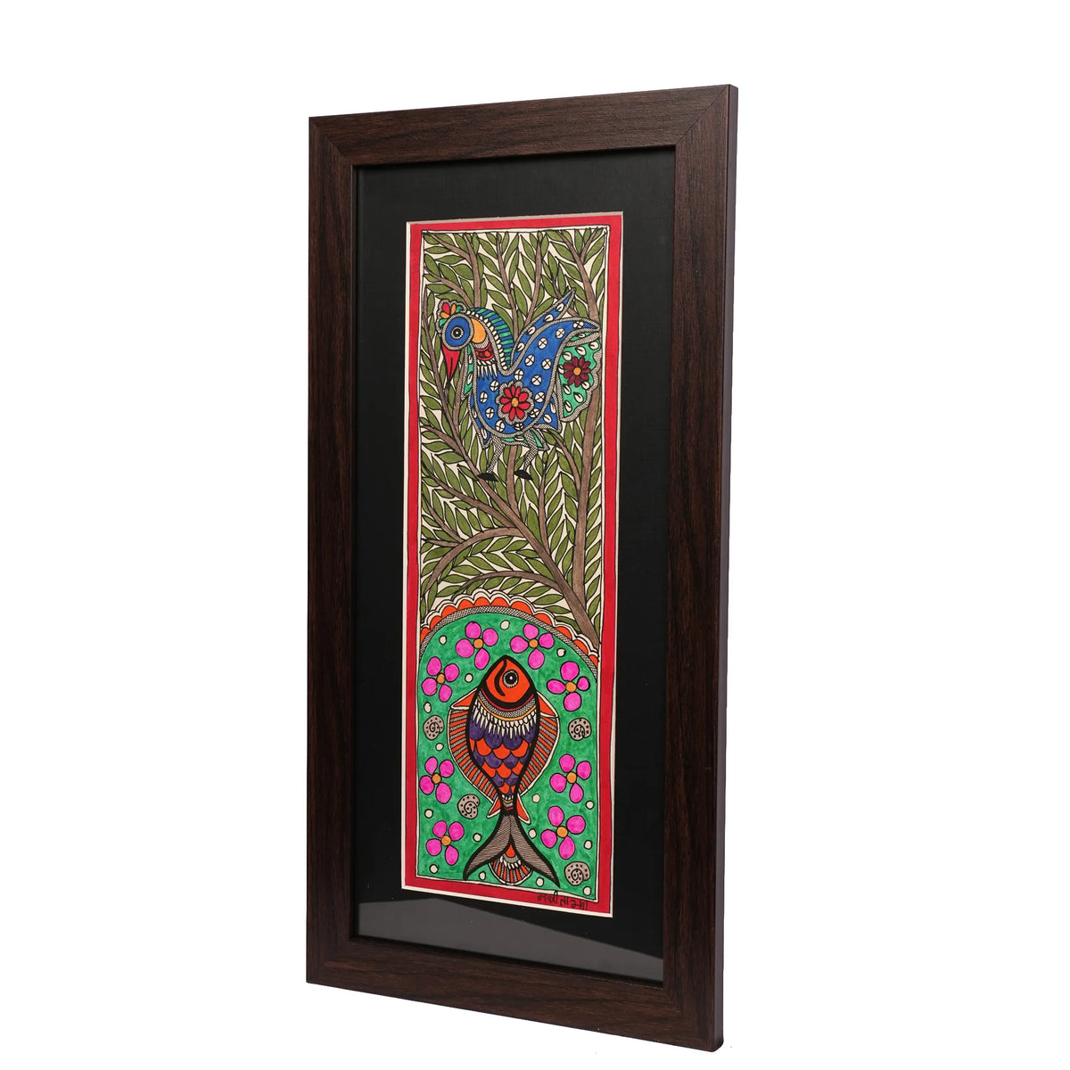Traditional Madhubani Bird & Fish with Flower Painting