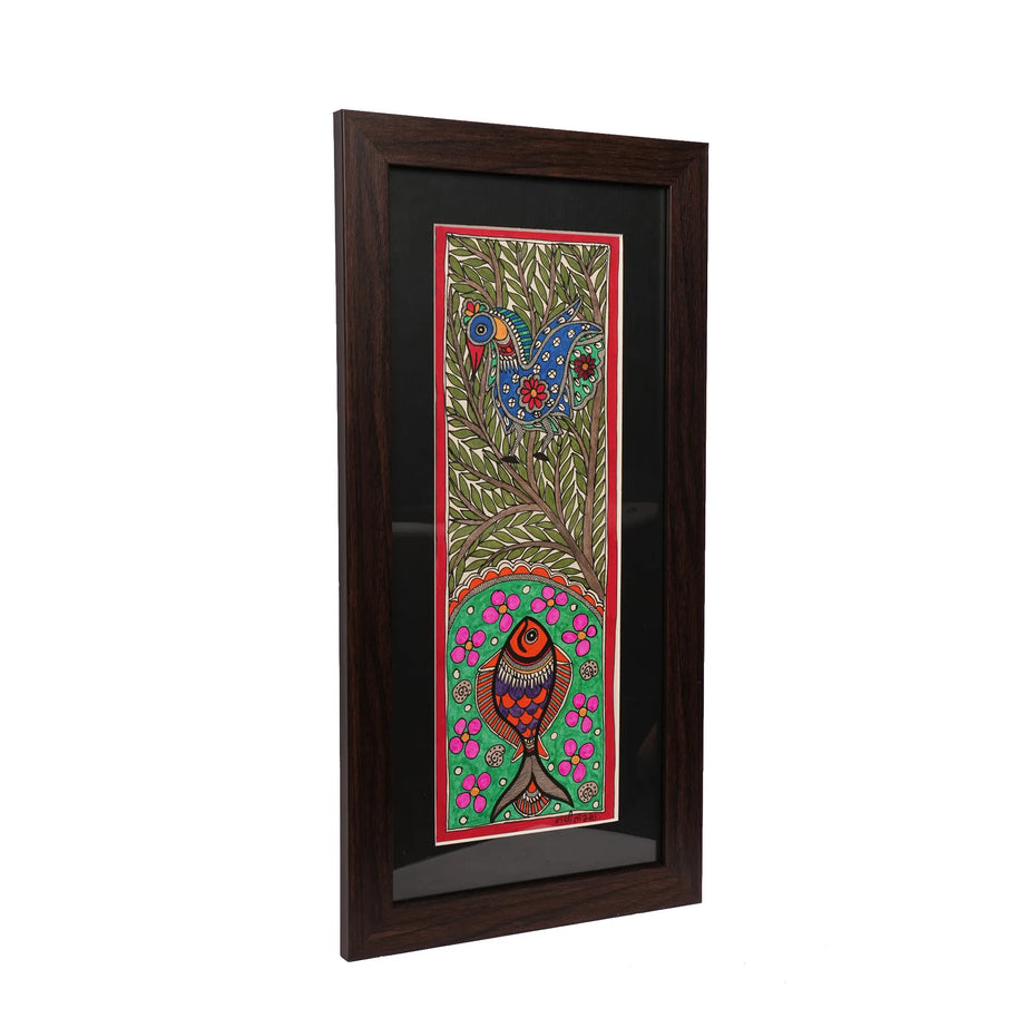 Traditional Madhubani Bird & Fish with Flower Painting