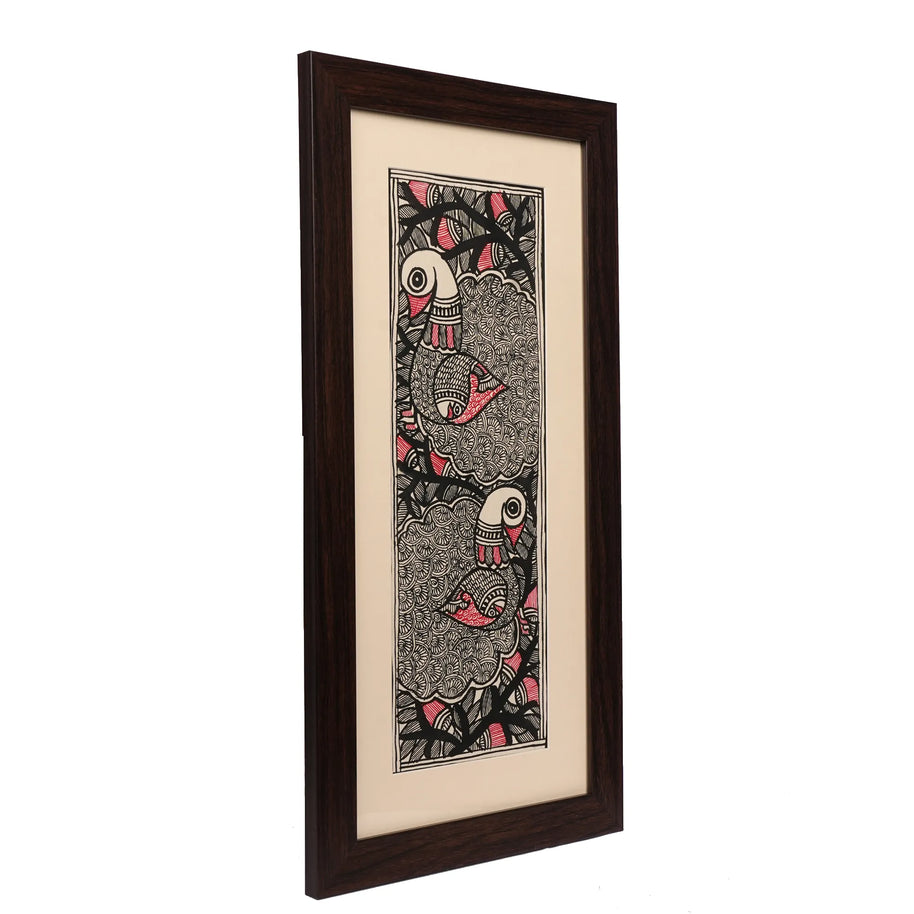 Madhubani Painting – Two Peacock Black & White Artwork