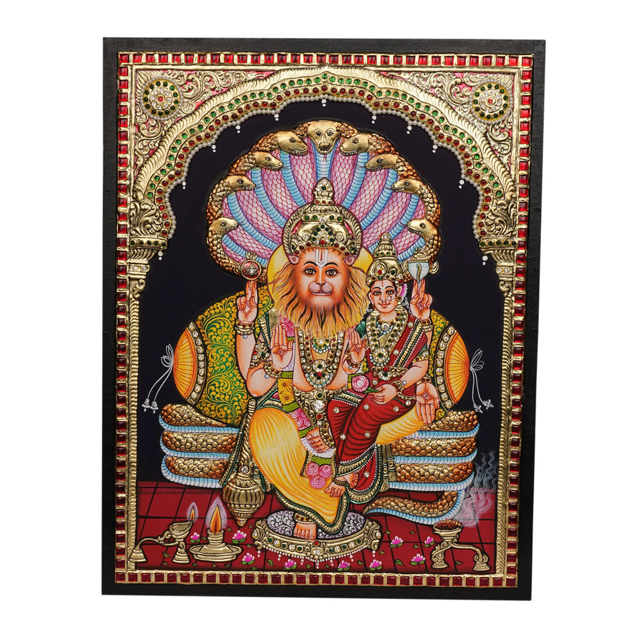 Handcrafted Tanjore Painting of Lakshmi Narasimha with 22K Gold Foil – 14 × 18 Inches