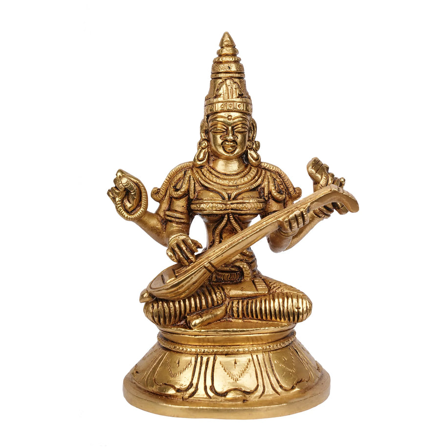 Brass Sitting Saraswathi Statue – 6" Height