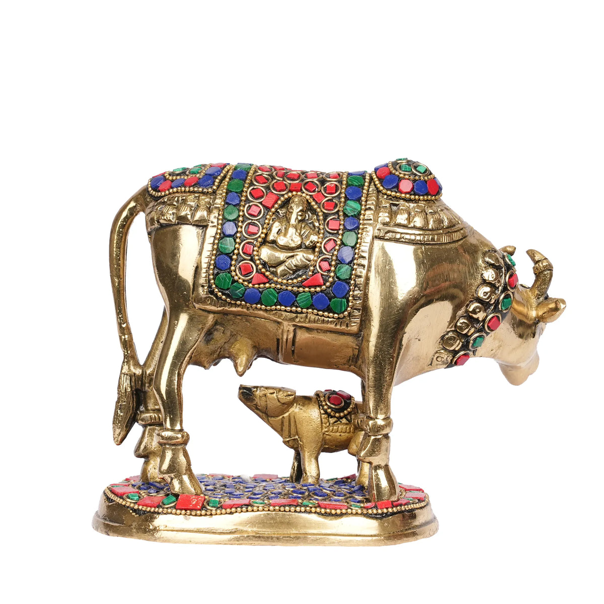 Handcrafted Cow and Calf Idol with Stone Work – 5.5