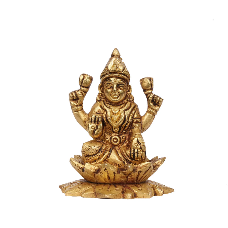 Brass Lotus Lakshmi Idol – 3" Height