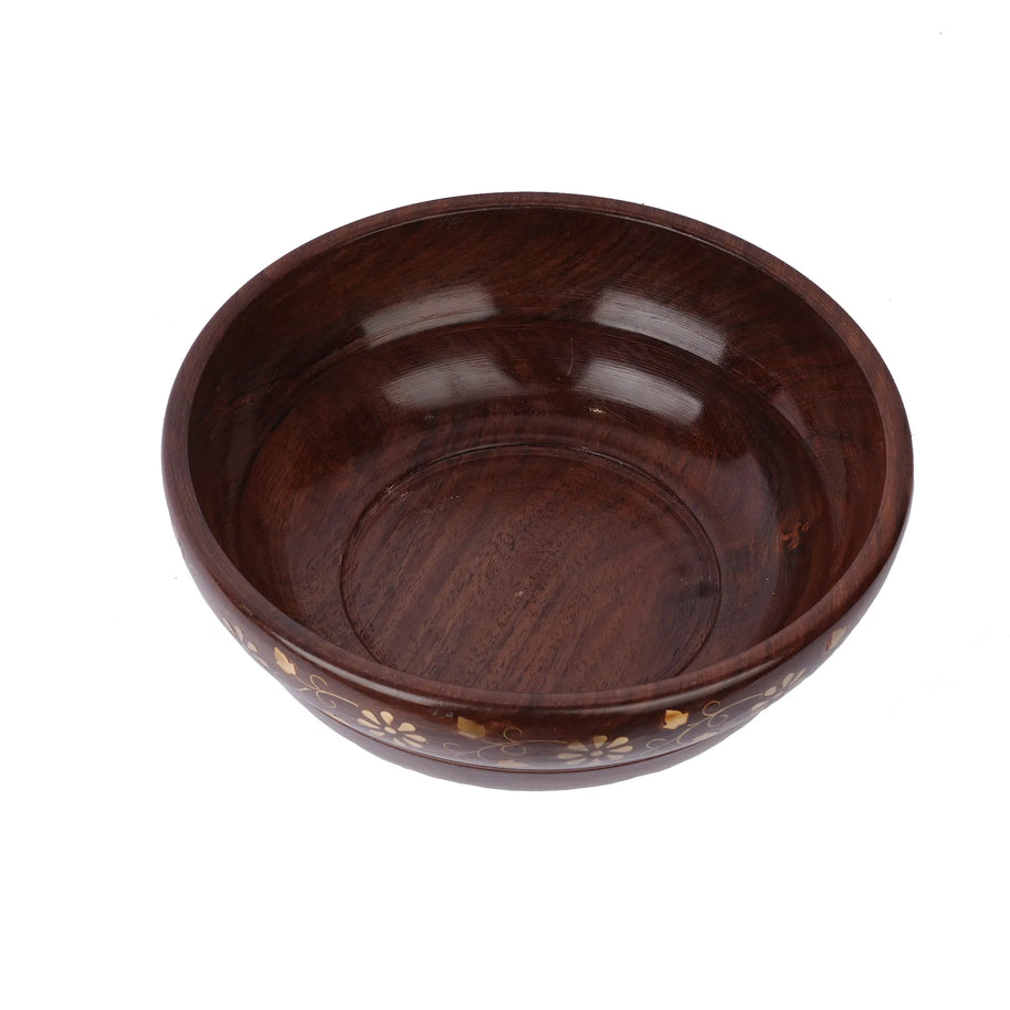 Wooden Bowl with Brass Work – 8" Width