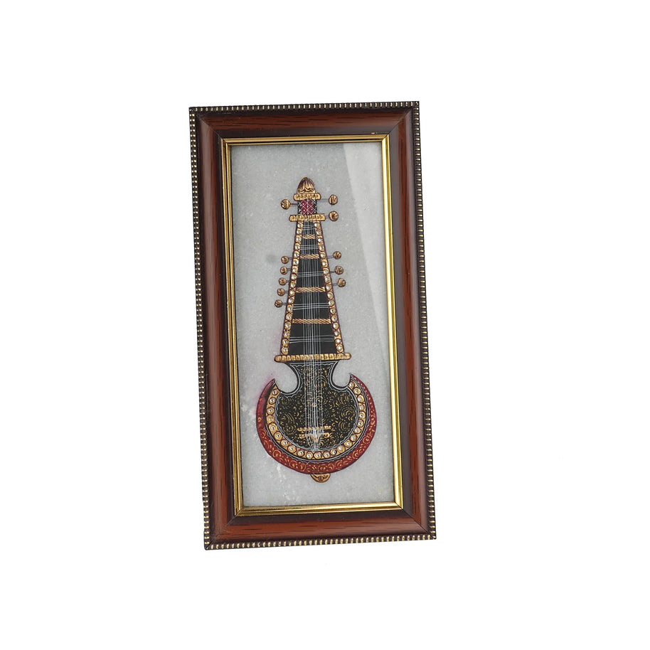 Traditional Veena Marble Painting with Wooden Frame – 9 × 4 Inches