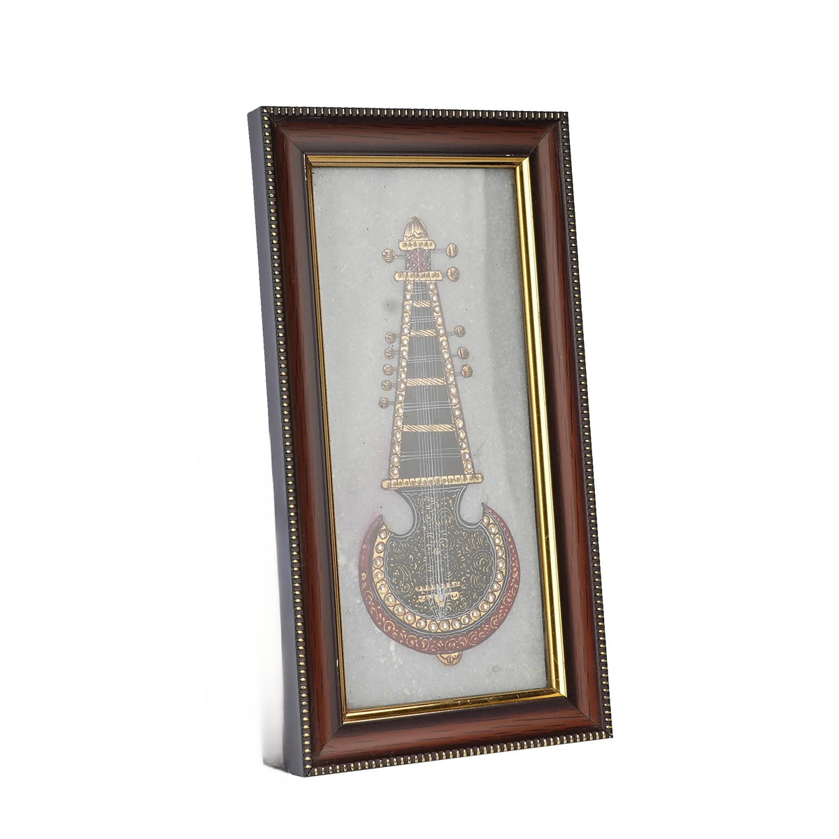 Traditional Veena Marble Painting with Wooden Frame – 9 × 4 Inches