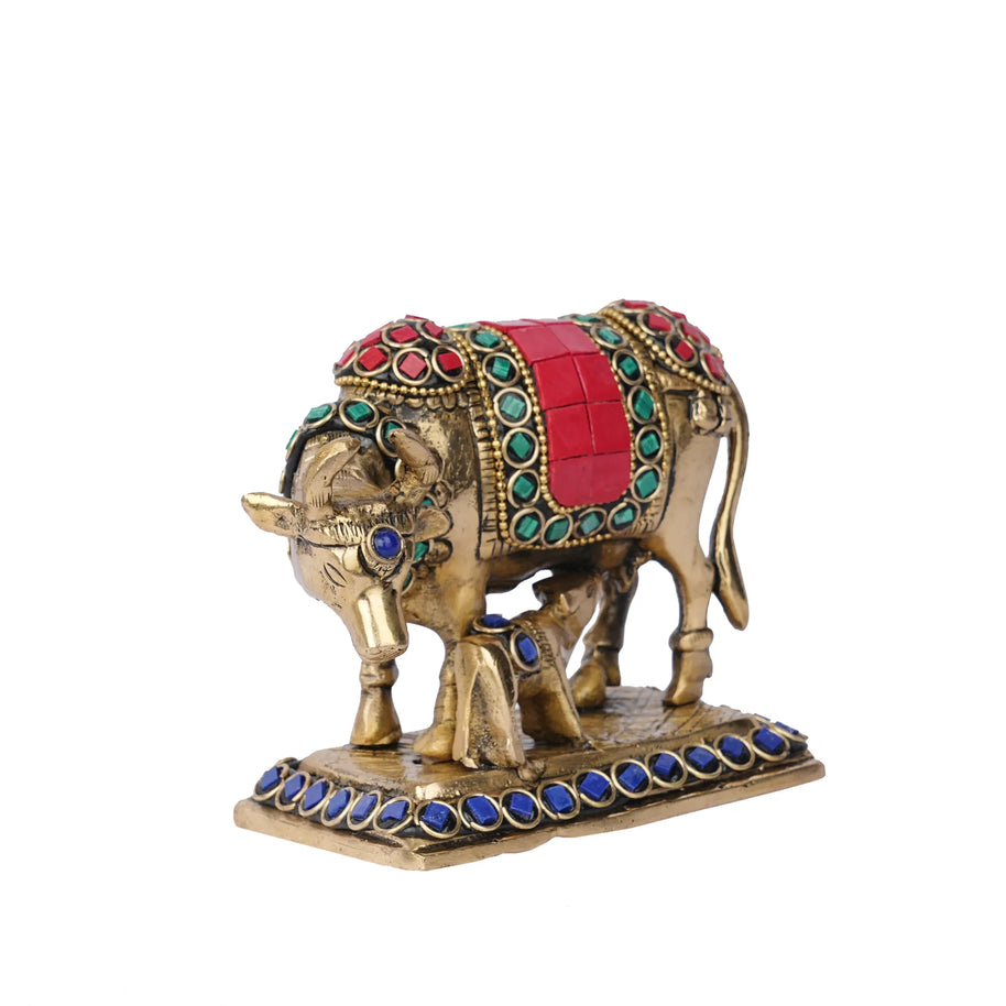 Brass Cow & Calf with Stone Work – 4" Height