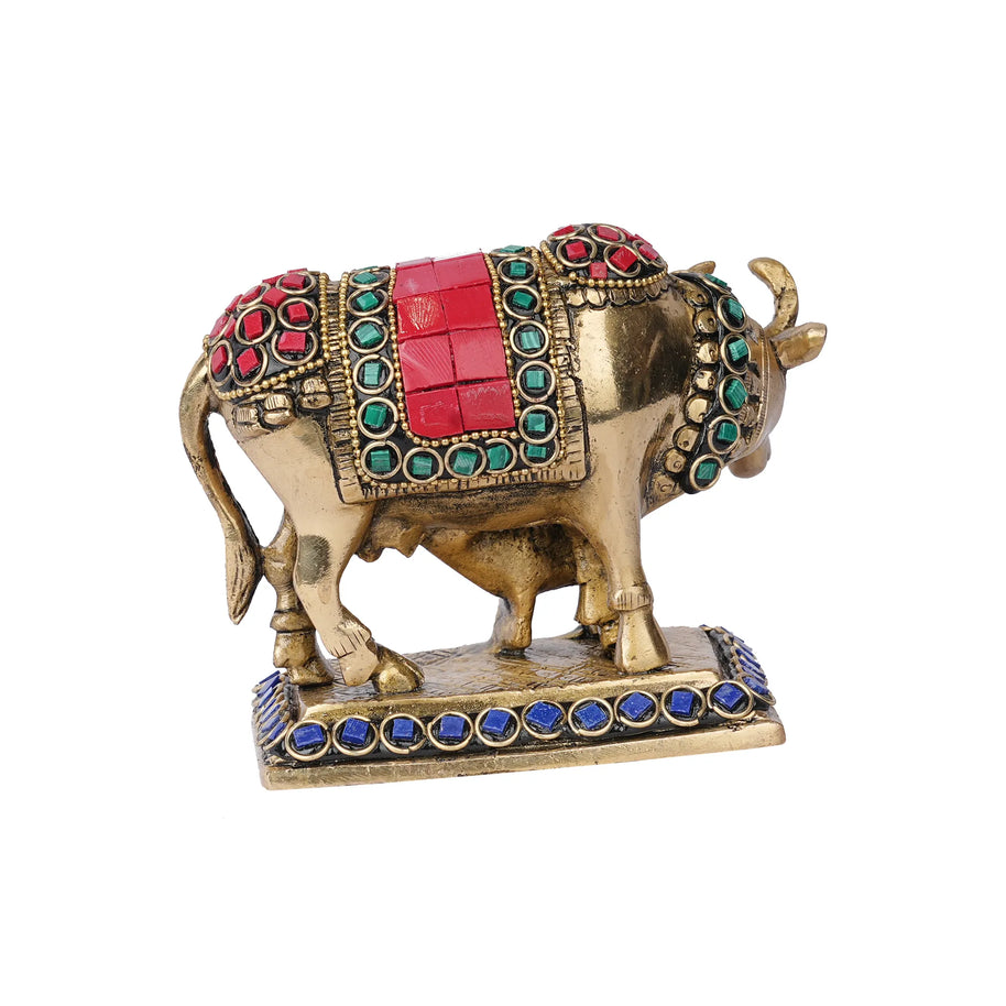Brass Cow & Calf with Stone Work – 4