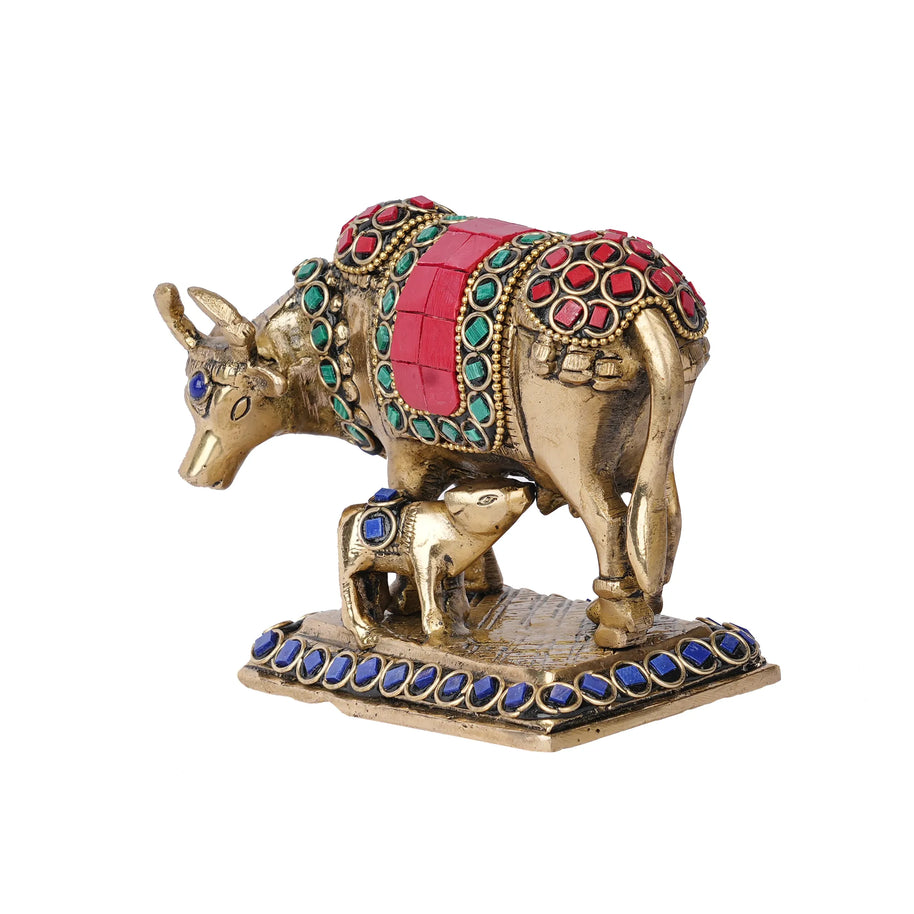 Brass Cow & Calf with Stone Work – 4